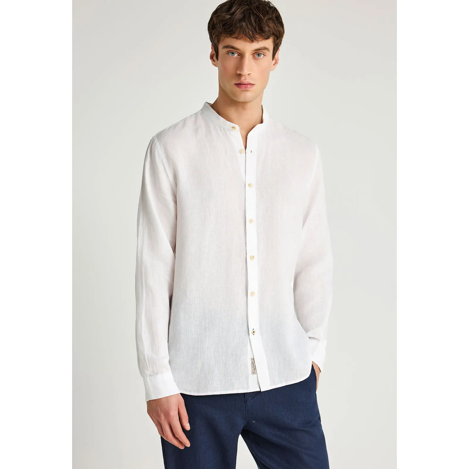 Funky Buddha Ανδρικό λινό πουκάμισο με Mao γιακά FBM013-003-05 White