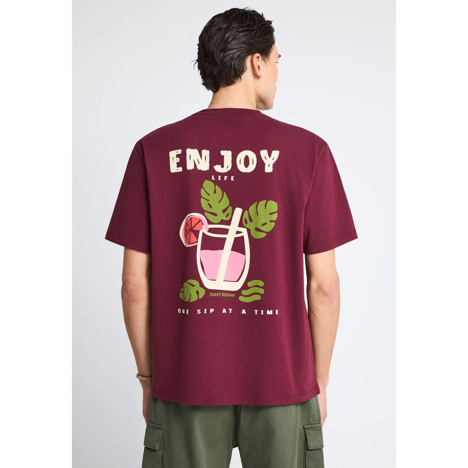 Funky Buddha Ανδρικό relaxed T-Shirt με τύπωμα στην πλάτη FBM013-087-04 Burgundy - Image 3