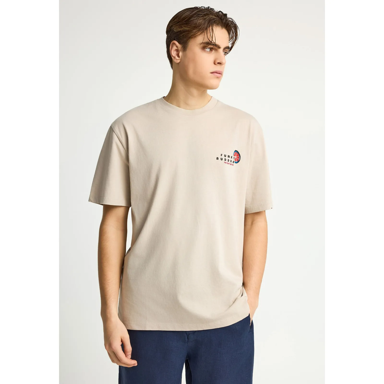 Funky Buddha Ανδρικό relaxed T-Shirt με τύπωμα στην πλάτη FBM013-087-04 Fog