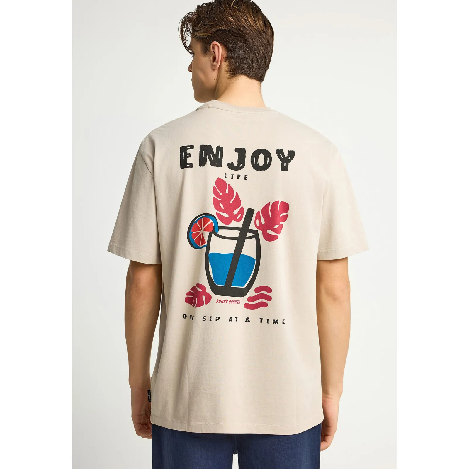 Funky Buddha Ανδρικό relaxed T-Shirt με τύπωμα στην πλάτη FBM013-087-04 Fog - Image 3