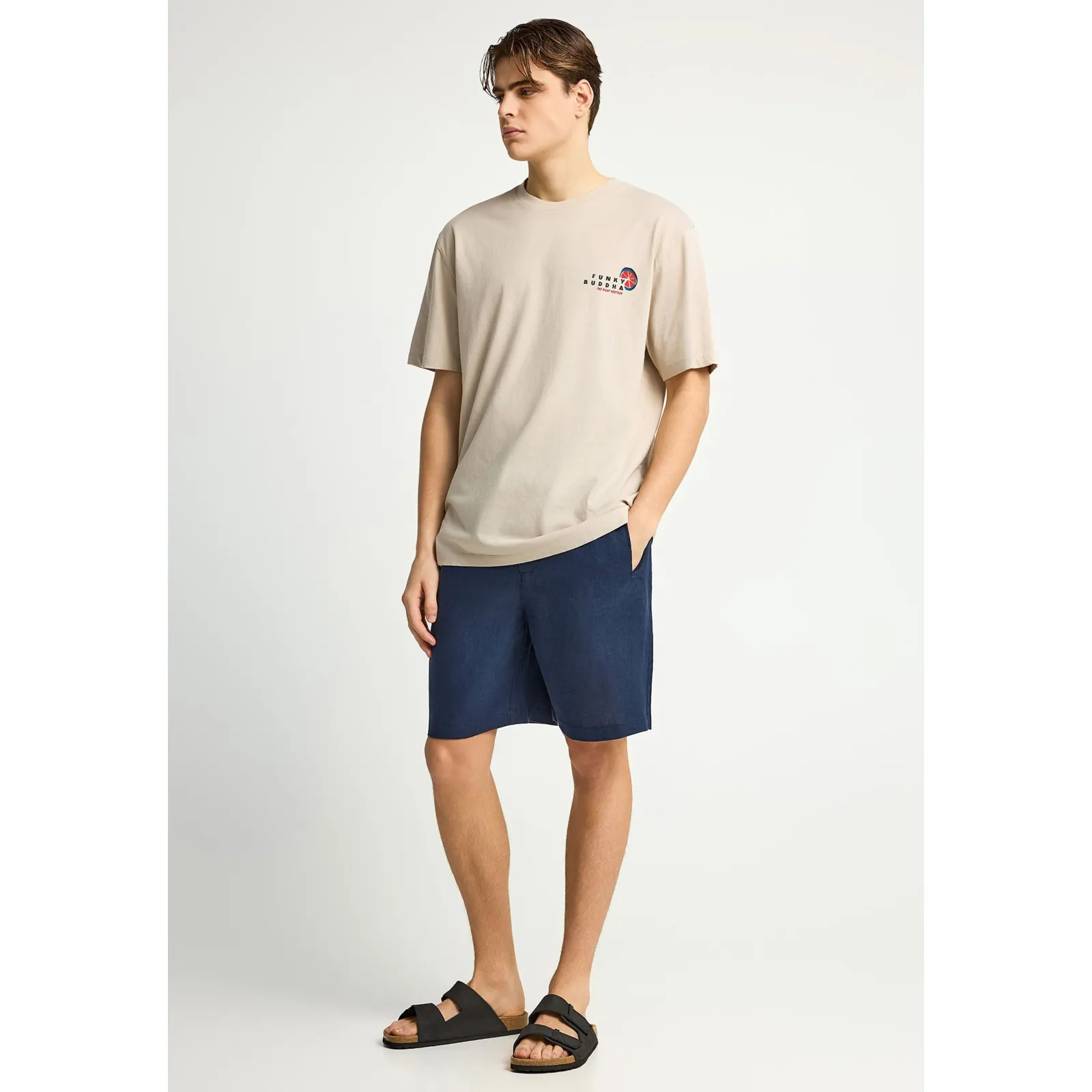 Funky Buddha Ανδρικό relaxed T-Shirt με τύπωμα στην πλάτη FBM013-087-04 Fog - Image 4