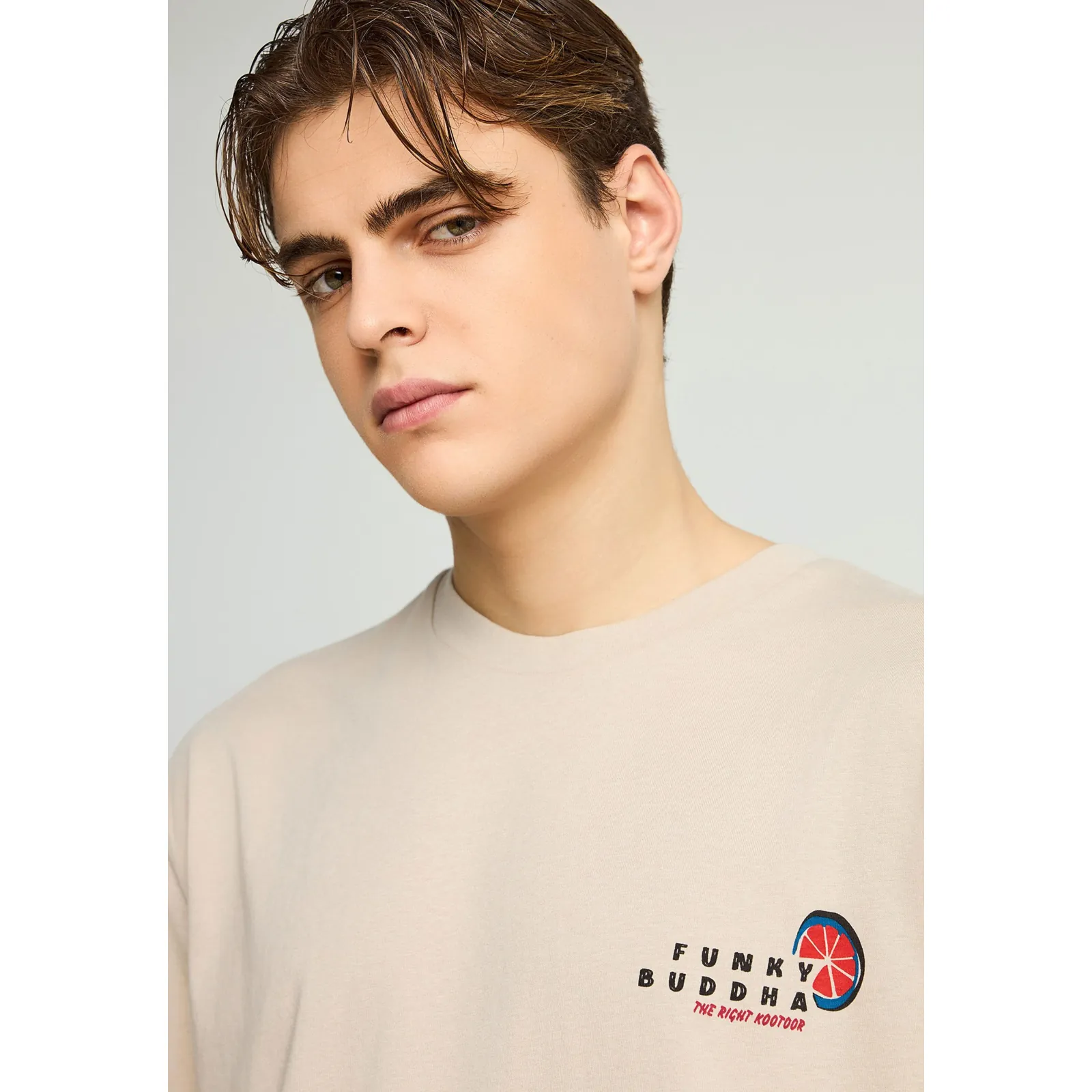 Funky Buddha Ανδρικό relaxed T-Shirt με τύπωμα στην πλάτη FBM013-087-04 Fog - Image 5
